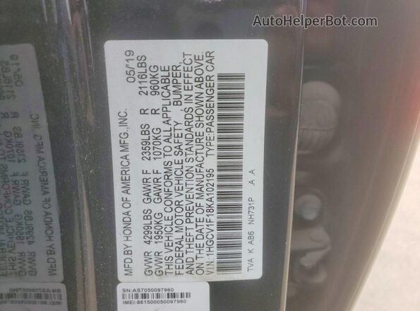 1HGCV1F18KA102195 2019 HONDA ACCORD Black ძრავის განყოფილების ხედი