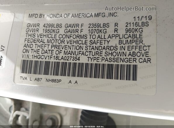 1HGCV1F18LA027354 2020 HONDA ACCORD Белый Вид подкапотного пространства