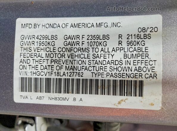 1HGCV1F18LA127762 2020 HONDA ACCORD Silver Vista de la etiqueta del VIN