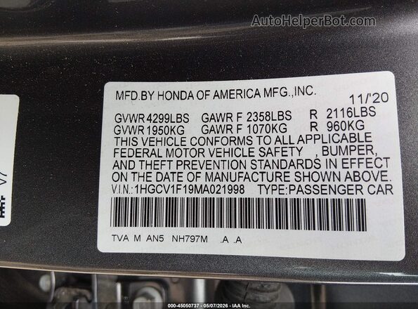 1HGCV1F19MA021998 2021 HONDA ACCORD Серый Вид подкапотного пространства