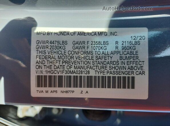 1HGCV1F30MA028128 2021 HONDA ACCORD Синий Вид подкапотного пространства