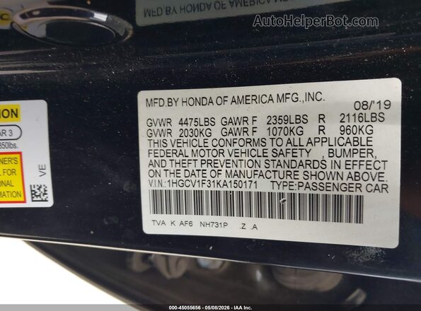 1HGCV1F31KA150171 2019 HONDA ACCORD Черный Вид подкапотного пространства