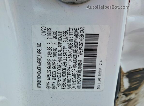 1HGCV1F31LA061864 2020 HONDA ACCORD Белый Вид подкапотного пространства