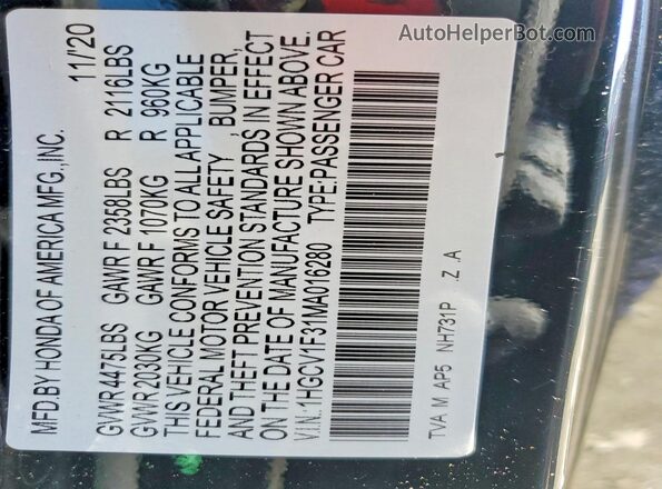 1HGCV1F31MA016280 2021 HONDA ACCORD Черный Вид наклейки с VIN-кодом