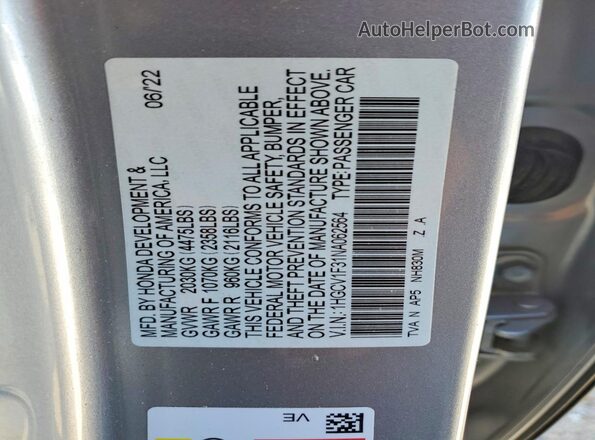 1HGCV1F31NA062564 2022 HONDA ACCORD Silver Widok naklejki z numerem VIN