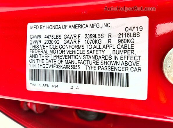 1HGCV1F32KA085055 2019 HONDA ACCORD Красный Вид наклейки с VIN-кодом