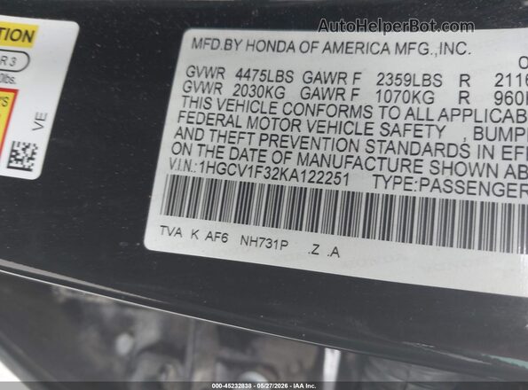 1HGCV1F32KA122251 2019 HONDA ACCORD Black Вид підкапотного простору