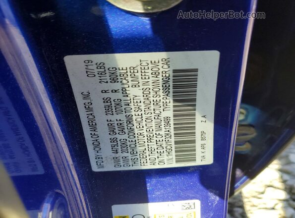 1HGCV1F32KA139499 2019 HONDA ACCORD Синий Вид подкапотного пространства
