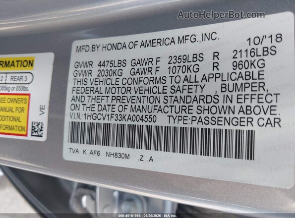 1HGCV1F33KA004550 2019 HONDA ACCORD Серебряный Вид подкапотного пространства