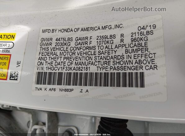 1HGCV1F33KA082181 2019 HONDA ACCORD White Engine compartment view