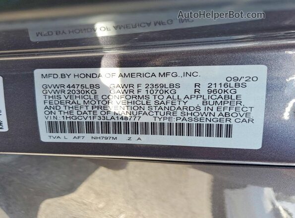 1HGCV1F33LA148777 2020 HONDA ACCORD Серый Вид подкапотного пространства