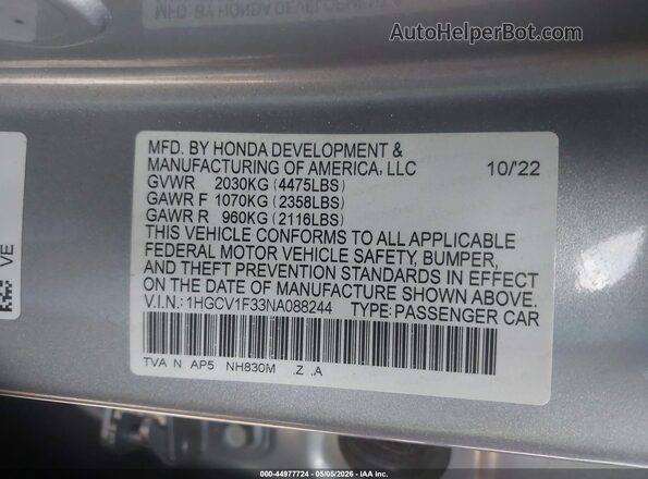 1HGCV1F33NA088244 2022 HONDA ACCORD Серебряный Вид подкапотного пространства