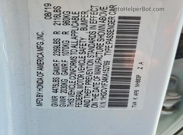 1HGCV1F34KA152769 2019 HONDA ACCORD Белый Вид подкапотного пространства