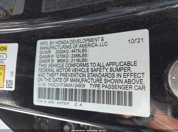 1HGCV1F34MA124909 2021 HONDA ACCORD Черный Вид подкапотного пространства