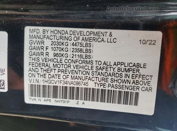 1HGCV1F34NA086745 2022 HONDA ACCORD Черный Вид подкапотного пространства