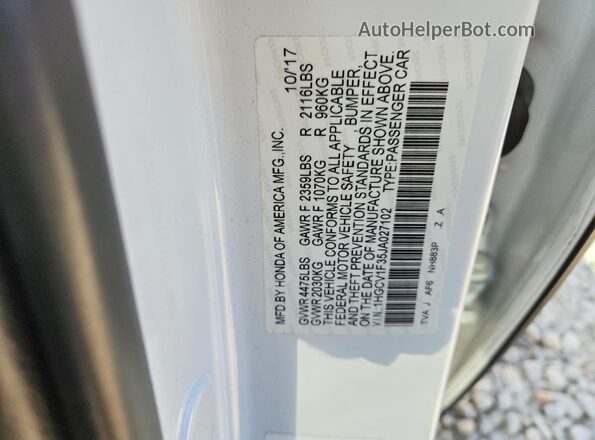 1HGCV1F35JA027102 2018 HONDA ACCORD White Widok komory silnika