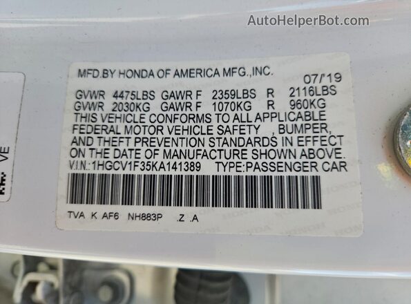 1HGCV1F35KA141389 2019 HONDA ACCORD White Շարժիչի բաժամունքի տեսք