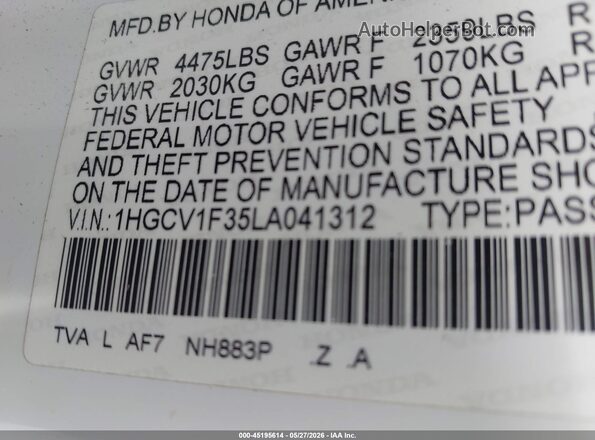 1HGCV1F35LA041312 2020 HONDA ACCORD Белый Вид подкапотного пространства