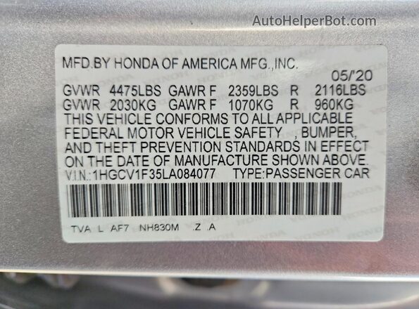 1HGCV1F35LA084077 2020 HONDA ACCORD Silver Вид підкапотного простору