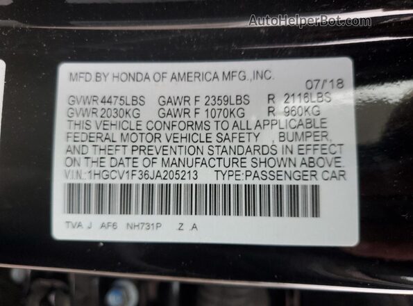 1HGCV1F36JA205213 2018 HONDA ACCORD Черный Вид подкапотного пространства