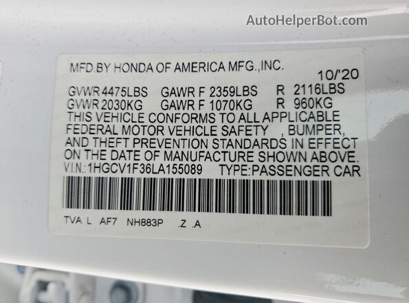 1HGCV1F36LA155089 2020 HONDA ACCORD White Widok komory silnika