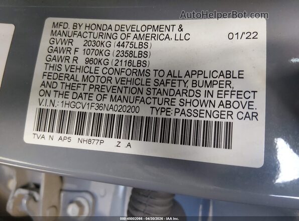 1HGCV1F36NA020200 2022 HONDA ACCORD Бирюзовый Вид подкапотного пространства