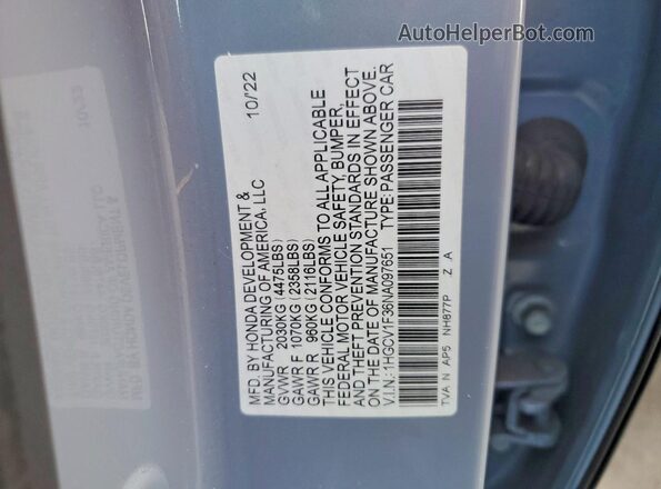 1HGCV1F36NA097651 2022 HONDA ACCORD Gray VIN կոդի պիտակի տեսք