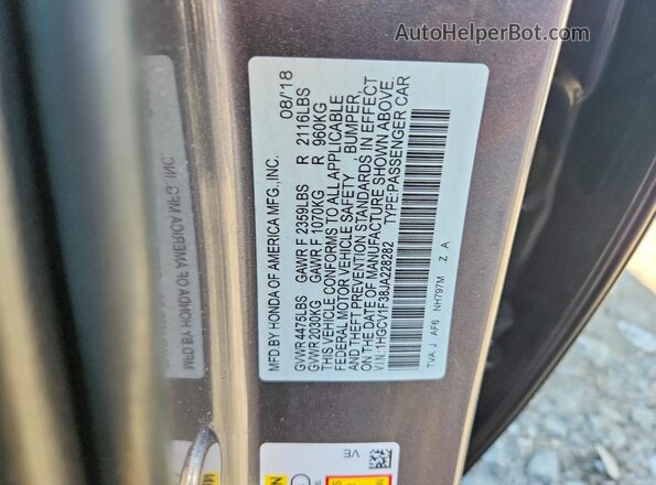 1HGCV1F38JA228282 2018 HONDA ACCORD Gray ძრავის განყოფილების ხედი