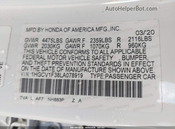 1HGCV1F38LA078919 2020 HONDA ACCORD Белый Вид подкапотного пространства