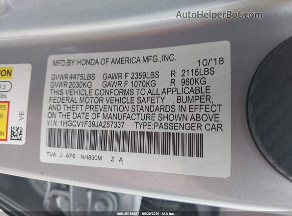 1HGCV1F39JA257337 2018 HONDA ACCORD Silver Շարժիչի բաժամունքի տեսք
