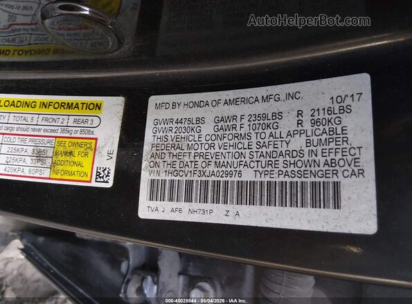 1HGCV1F3XJA029976 2018 HONDA ACCORD Черный Вид подкапотного пространства