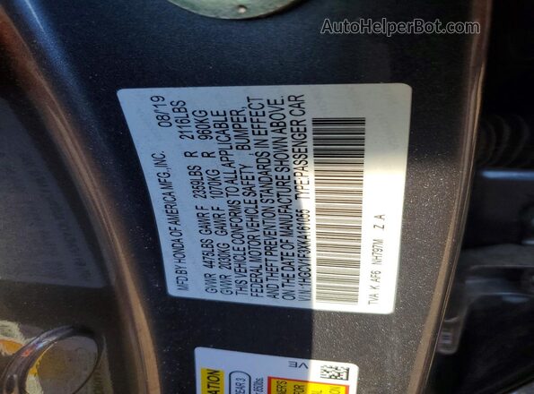 1HGCV1F3XKA161055 2019 HONDA ACCORD Серый Вид подкапотного пространства