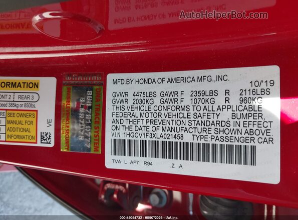 1HGCV1F3XLA021458 2020 HONDA ACCORD Красный Вид подкапотного пространства