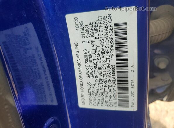 1HGCV1F3XLA149005 2020 HONDA ACCORD Black Widok komory silnika