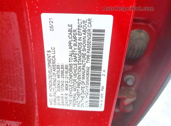 1HGCV1F3XMA080642 2021 HONDA ACCORD Красный Вид подкапотного пространства