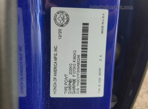 1HGCV1F3XMA800246 2021 HONDA ACCORD Синий Вид наклейки с VIN-кодом