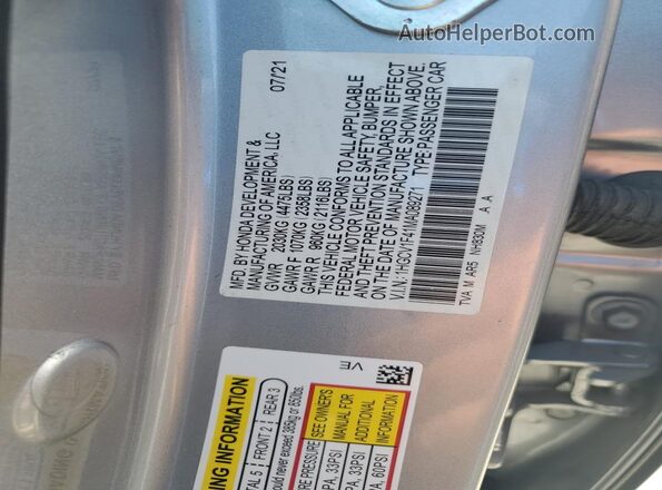 1HGCV1F41MA089271 2021 HONDA ACCORD Silver VIN կոդի պիտակի տեսք