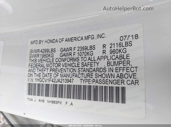 1HGCV1F42JA213947 2018 HONDA ACCORD White Engine compartment view