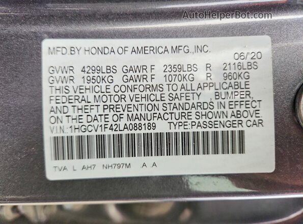 1HGCV1F42LA088189 2020 HONDA ACCORD Серый Вид наклейки с VIN-кодом
