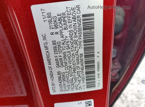 1HGCV1F45JA056768 2018 HONDA ACCORD Red Vista del compartimento del motor