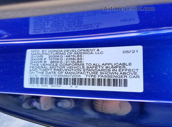 1HGCV1F45MA072005 2021 HONDA ACCORD Blue Engine compartment view