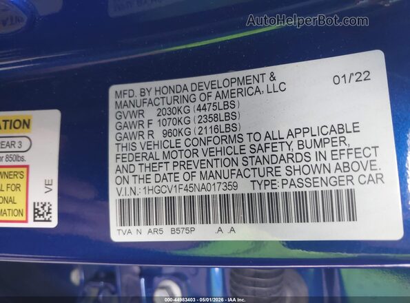 1HGCV1F45NA017359 2022 HONDA ACCORD Синий Вид подкапотного пространства