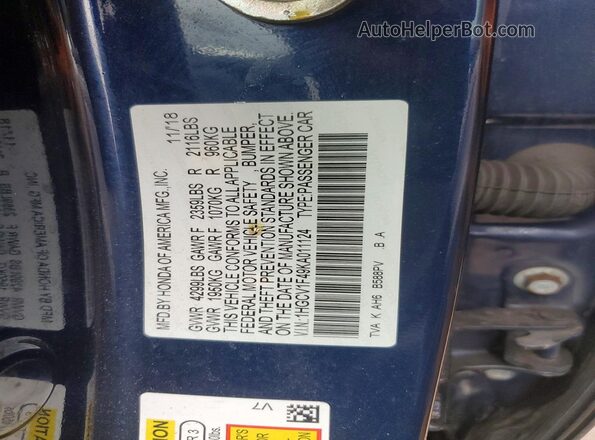 1HGCV1F49KA011124 2019 HONDA ACCORD Blue Շարժիչի բաժամունքի տեսք