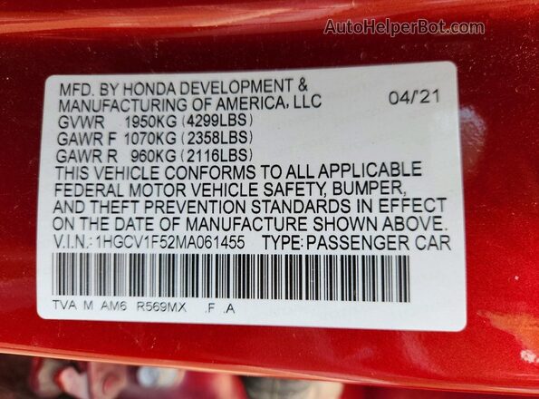 1HGCV1F52MA061455 2021 HONDA ACCORD Красный Вид подкапотного пространства
