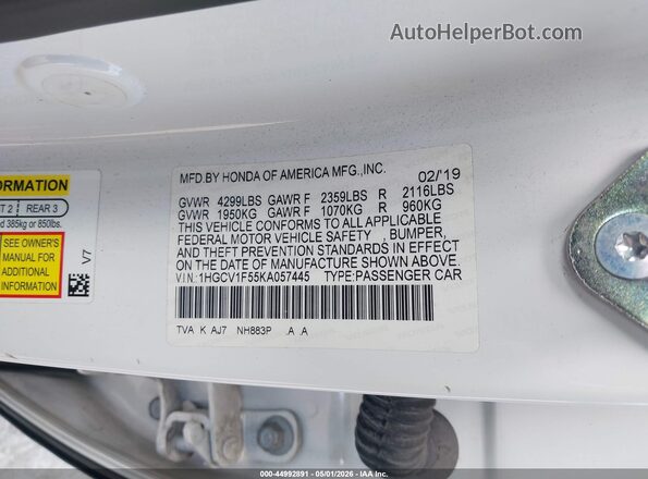 1HGCV1F55KA057445 2019 HONDA ACCORD Белый Вид подкапотного пространства