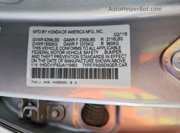 1HGCV1F63JA115463 2018 HONDA ACCORD Silver VIN sticker view