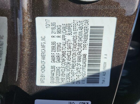 1HGCV1F92JA030446 2018 HONDA ACCORD Brown Вид підкапотного простору