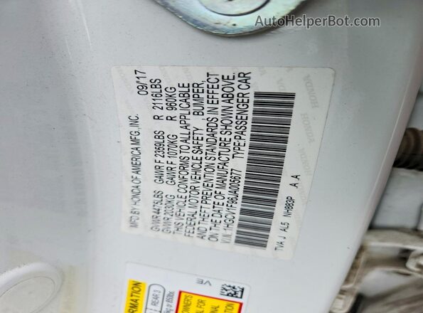 1HGCV1F96JA005677 2018 HONDA ACCORD White Widok komory silnika
