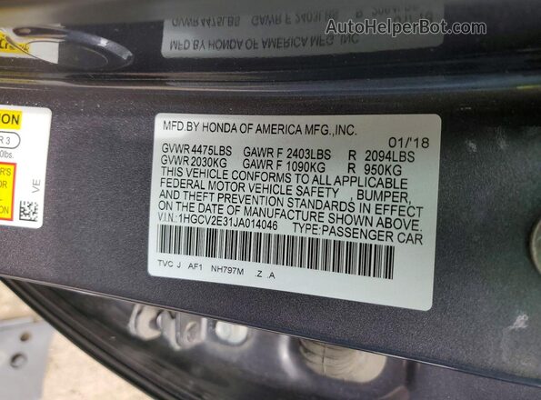 1HGCV2E31JA014046 2018 HONDA ACCORD Серый Вид подкапотного пространства