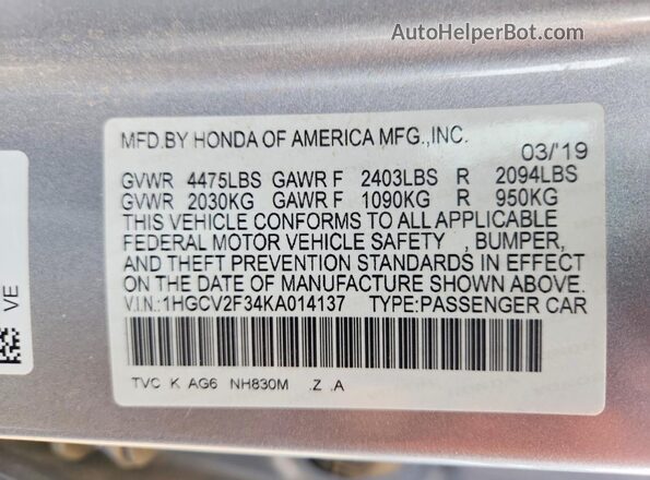 1HGCV2F34KA014137 2019 HONDA ACCORD Silver Vista de la etiqueta del VIN